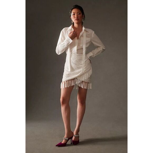 Anthropologie Elliatt Penta Mini Skirt Ivory sequin and fringe details Size XS N - Picture 1 of 8